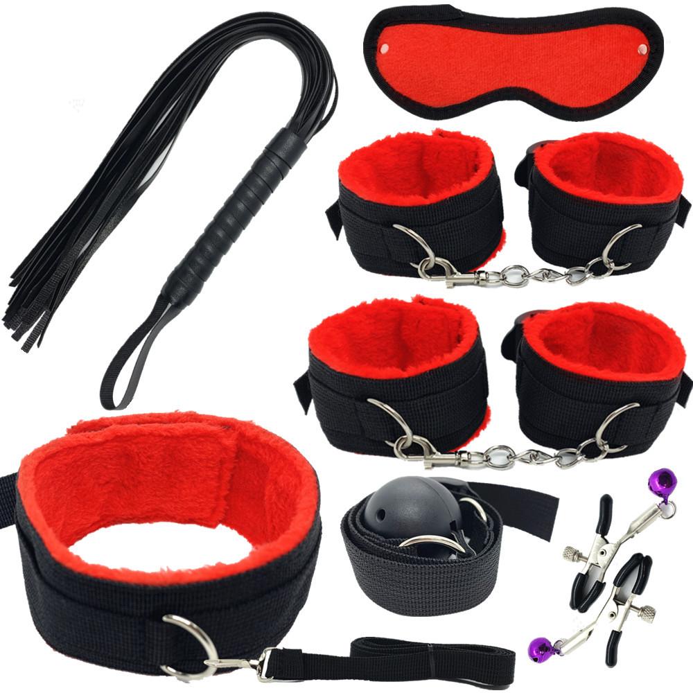 Сексуальный нейлоновый комплект БДСМ, плюшевый секс-бондажный набор, наручники, секс-игра, кнут, кляп, зажим для сосков, секс-игрушка