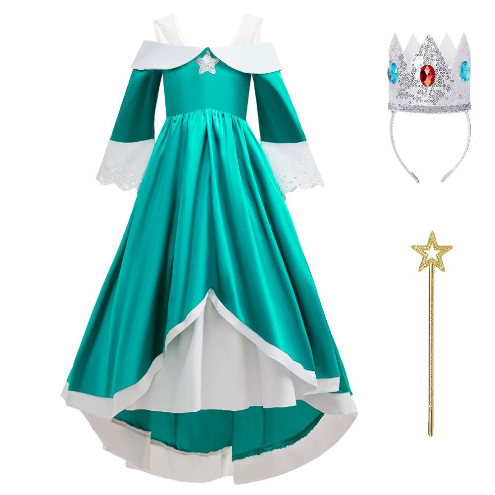 Super Movie Rosalina Cosplay Costume Girls Princess Ball Gown Dress Kids Crown Accessories Full Set Halloween Carnival Outfit