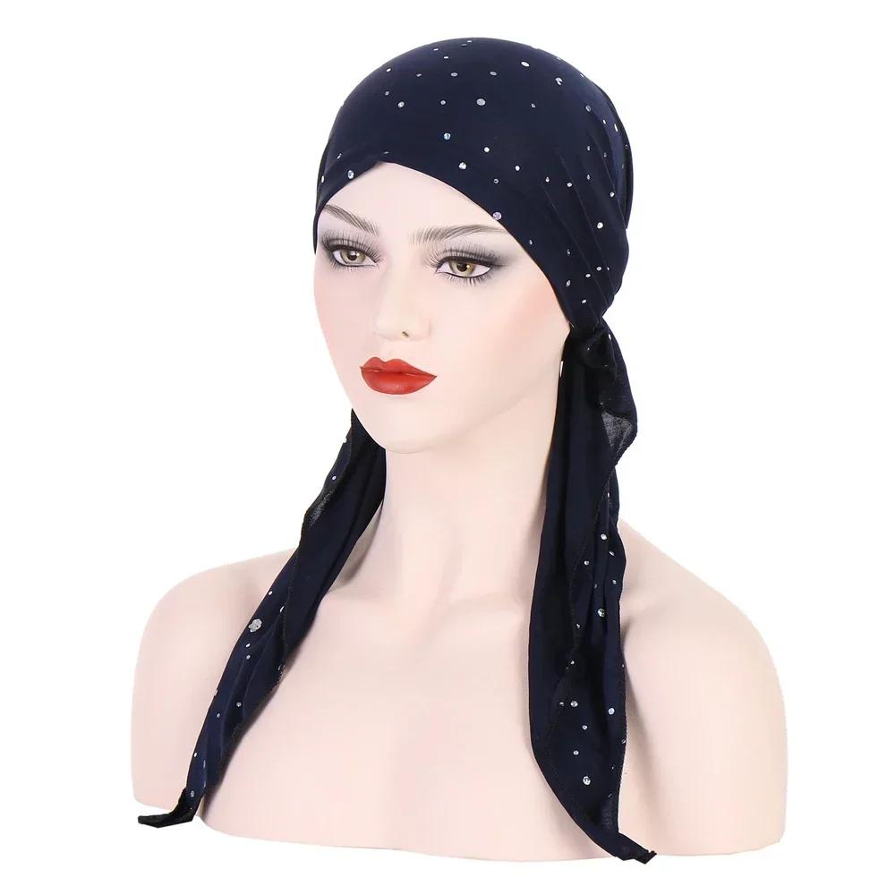 New Shimmer Pre-Tied Hat Women Muslim Hijab Turban Long Tail Headscarf Beanies Bonnet Hair Loss Chemo Cap Head Wrap Bandanas