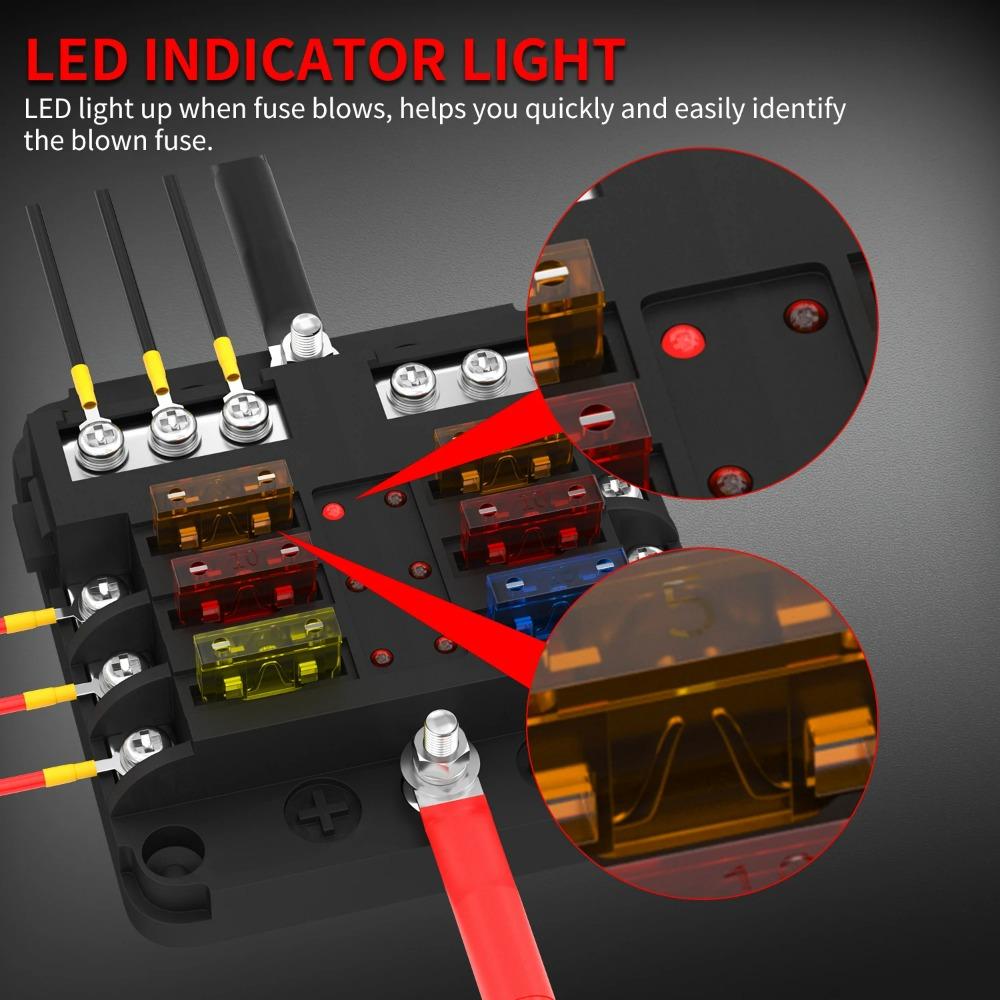 12V 6-Way Blade Fuse Block with LED Indicator Waterproof Protection Cover and Label Sticker for Automotive Car Truck Trailer
