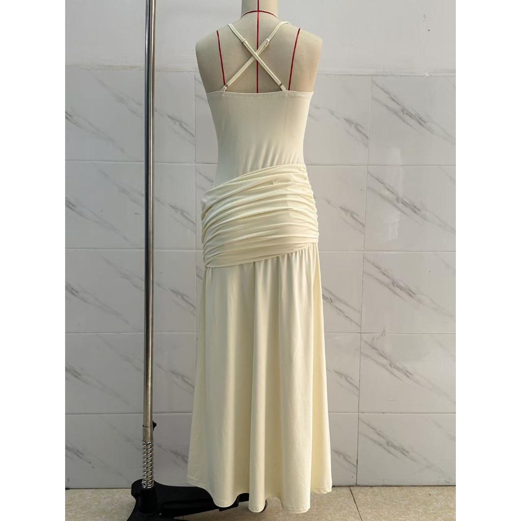 Elegant Backless Sleeveless Strappy Ruched Bodycon Long Evening Party Dress for Women