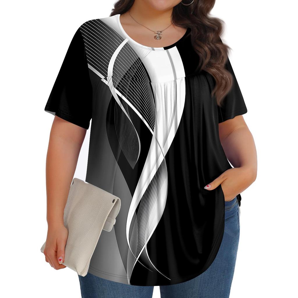 Women's Fashion Casual Print Round Neck Short Sleeve Top Womens Plus Size Tops