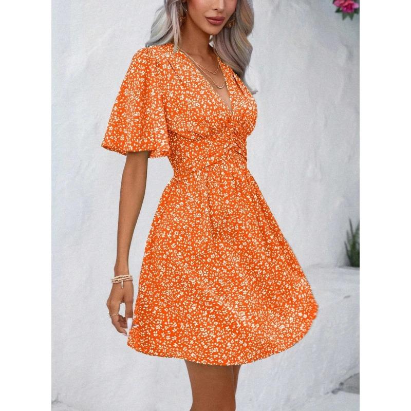 YYFS Women's Fashion Summer Spring Flower Pattern Print Short Sleeve V-Neck High Waist Casual Dresses