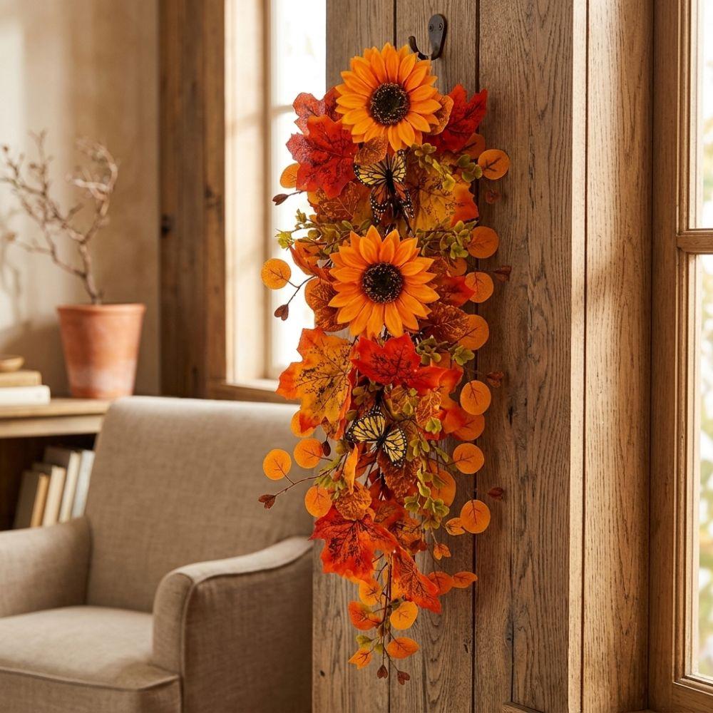 Lifelike Artificial Fall Wreath Rustic Fall Sunflower Teardrop Swag Front Door