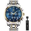 OLEVS Men's Business Watch with Metal and Stainless Steel Band, Analog Display, Stylish Casual Watch (Blue + Gold)