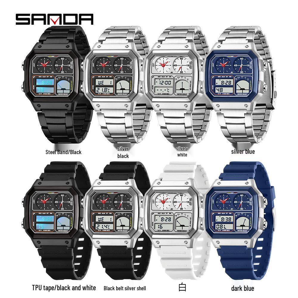 Sanda Temu Студенческие спортивные часы с измерением температуры, водонепроницаемые, двойной дисплей, многофункциональный квадратный дизайн