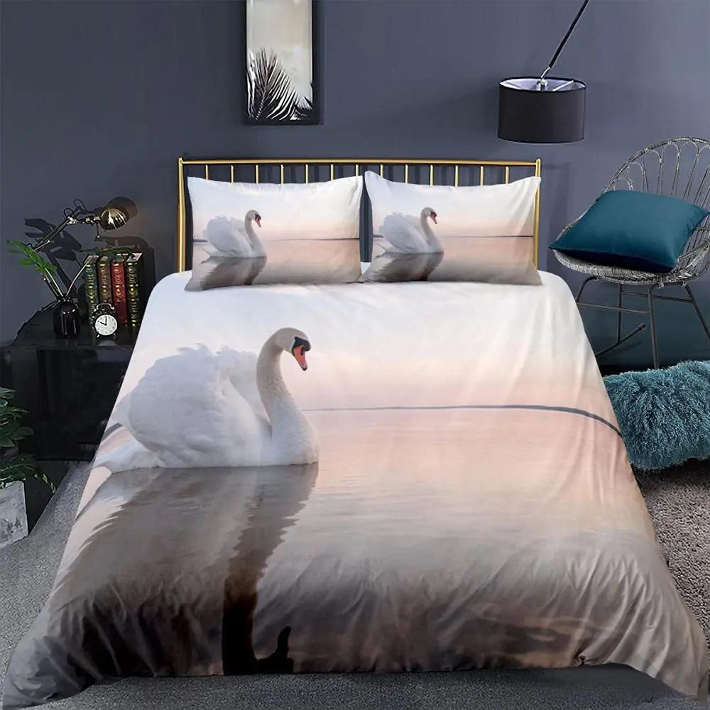 Swan Duvet Cover Set White Swan Lake Comforter Cover Twin Ocean White Swan Polyester Bedding Set For Couple Valentine's Day Gift