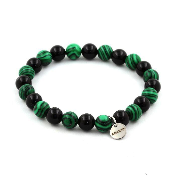 Stones and Minerals. Malachite + Black Agate 8 Mm Pearl Bracelet. Made In France.