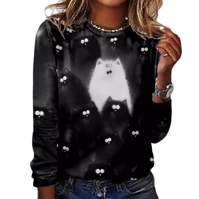 Summer Butterfly Floral Stripe Printed Round Neck Long Sleeve Loose T-Shirts Women’s