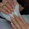 24Pcs Almond Press On Nails Ocean Blue French Tip With Flower Pearl Glitter Simple Wearable False Nail Art Manicure Set