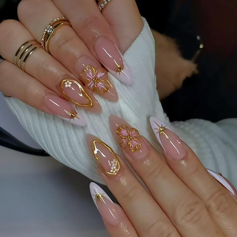 24Pcs Almond Press On Nails Ocean Blue French Tip With Flower Pearl Glitter Simple Wearable False Nail Art Manicure Set