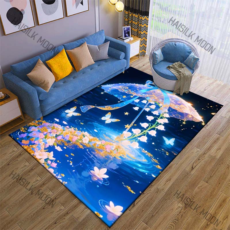 Dreamy blue umbrella and butterflies Print Carpet Rug for Living Room Bedroom Sofa Doormat Home Decor Non-slip Floor Mat