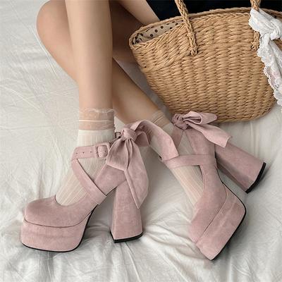 Модные туфли Мэри Джейн на очень высоком каблуке, женские замшевые туфли-лодочки с бабочкой и узлом, женские модные туфли для вечеринок с перекрестными ремешками и толстым каблуком