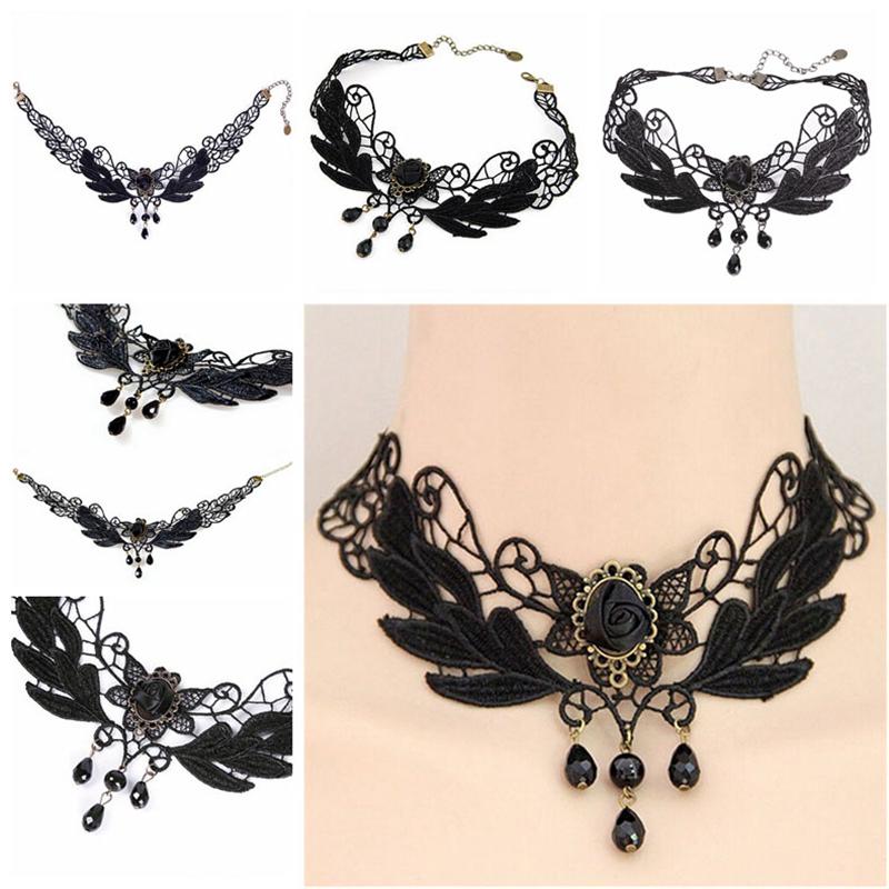 Женское ожерелье-чокер с подвеской в виде капли черной розы в стиле Лолиты