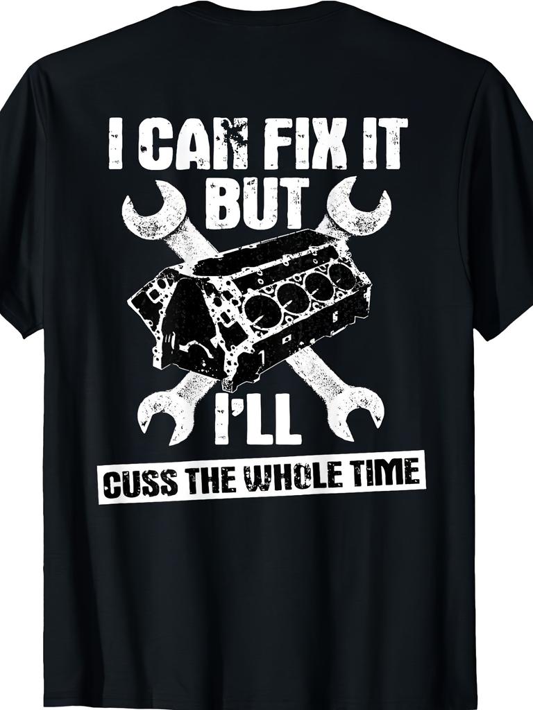Funny Mechanic T-Shirt - I Can Fix It But I'll Cuss The Whole Time V8 Engine Graphic Tee, Loose Fit