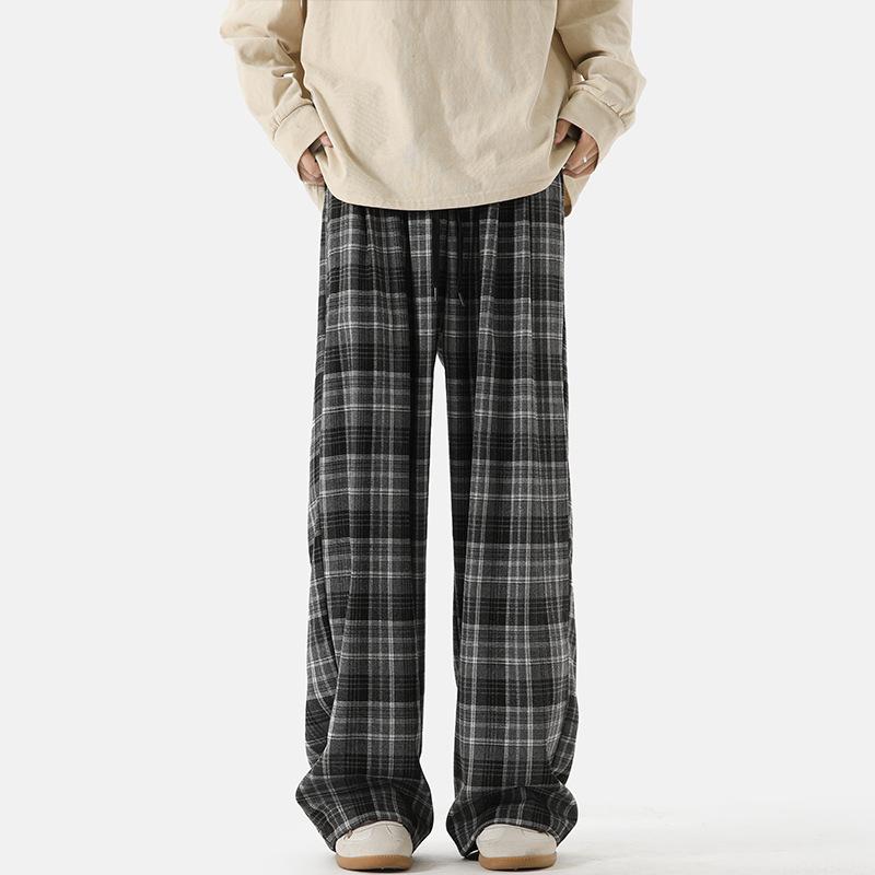 Весенне-осенний стиль, модные клетчатые повседневные брюки, повседневные универсальные широкие прямые брюки, свободные повседневные спортивные брюки для мужчин