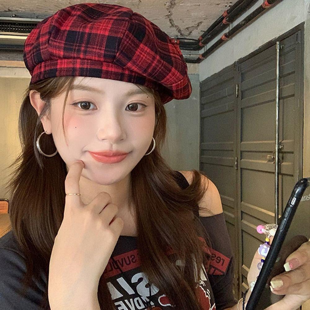 Японский клетчатый берет шляпа красный ретро шляпа художника винтажный Y2k берет шляпа женский