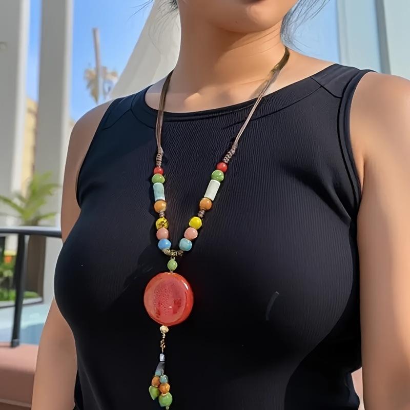 Этническое керамическое бусинное ожерелье Бохо Длинная цветная цепочка для свитера Винтажные племенные ручной работы Заявление Украшения Женская мода Цыганский Хиппи Шик Аксессуары