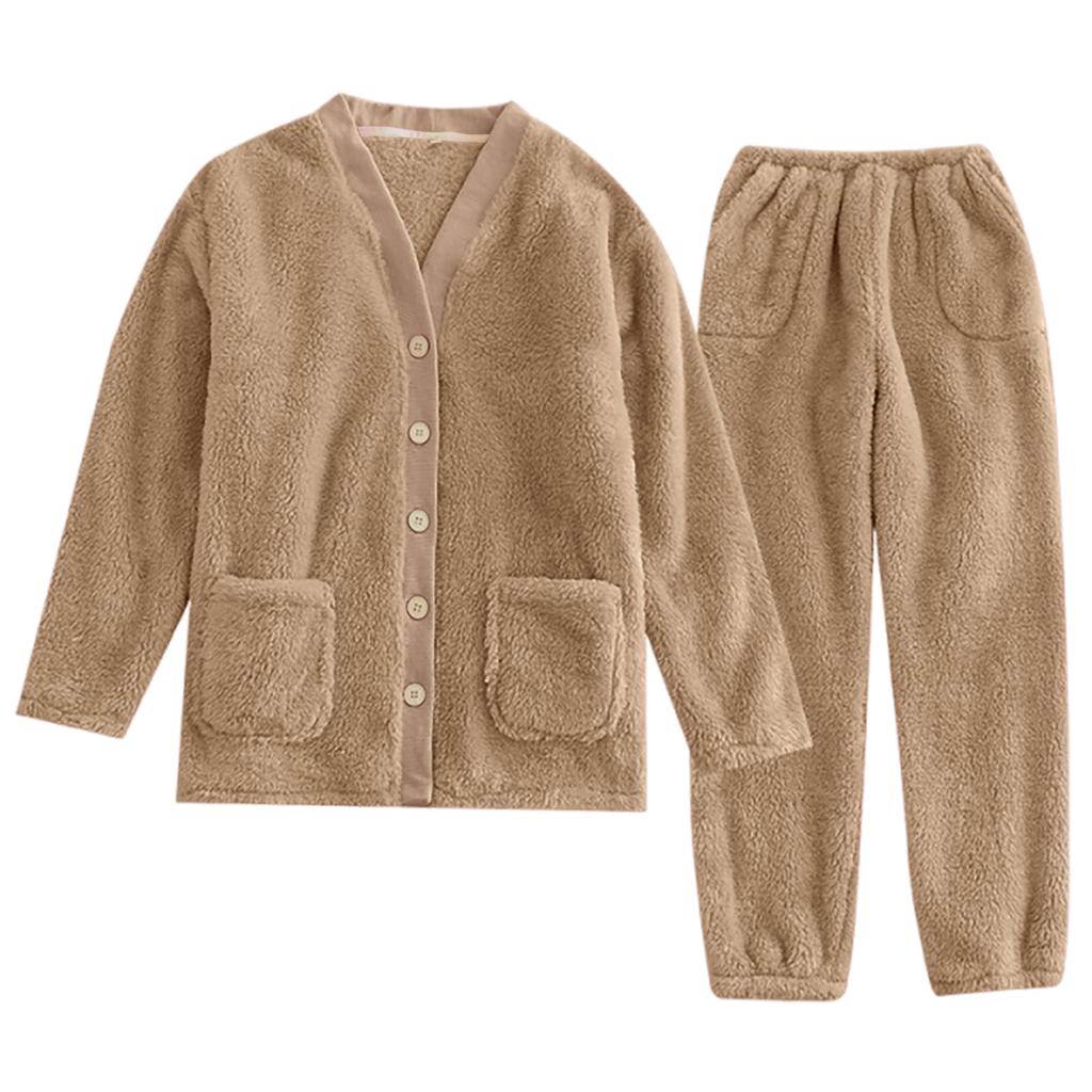 Ladies' Casual And Comfortable V-neck Warm And Plush Home Clothes Cardigan Sleepwear And Pants Set
