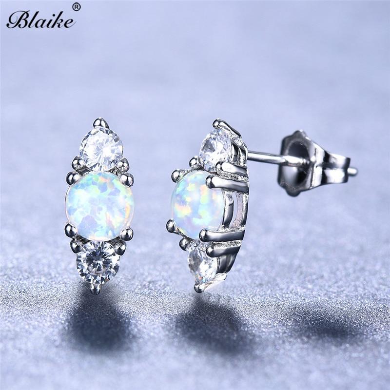 Серьги из стерлингового серебра 925 пробы, круглые, белые, синие серьги с огненным опалом для женщин, маленькие серьги с цирконом, двойные серьги, женские украшения