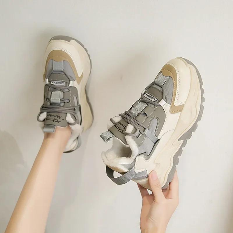 Женская обувь Зимняя мода Повседневная спортивная обувь на шнуровке на плоской подошве Мягкие теплые кроссовки на платформе Женская обувь для папы Zapatillas Mujer