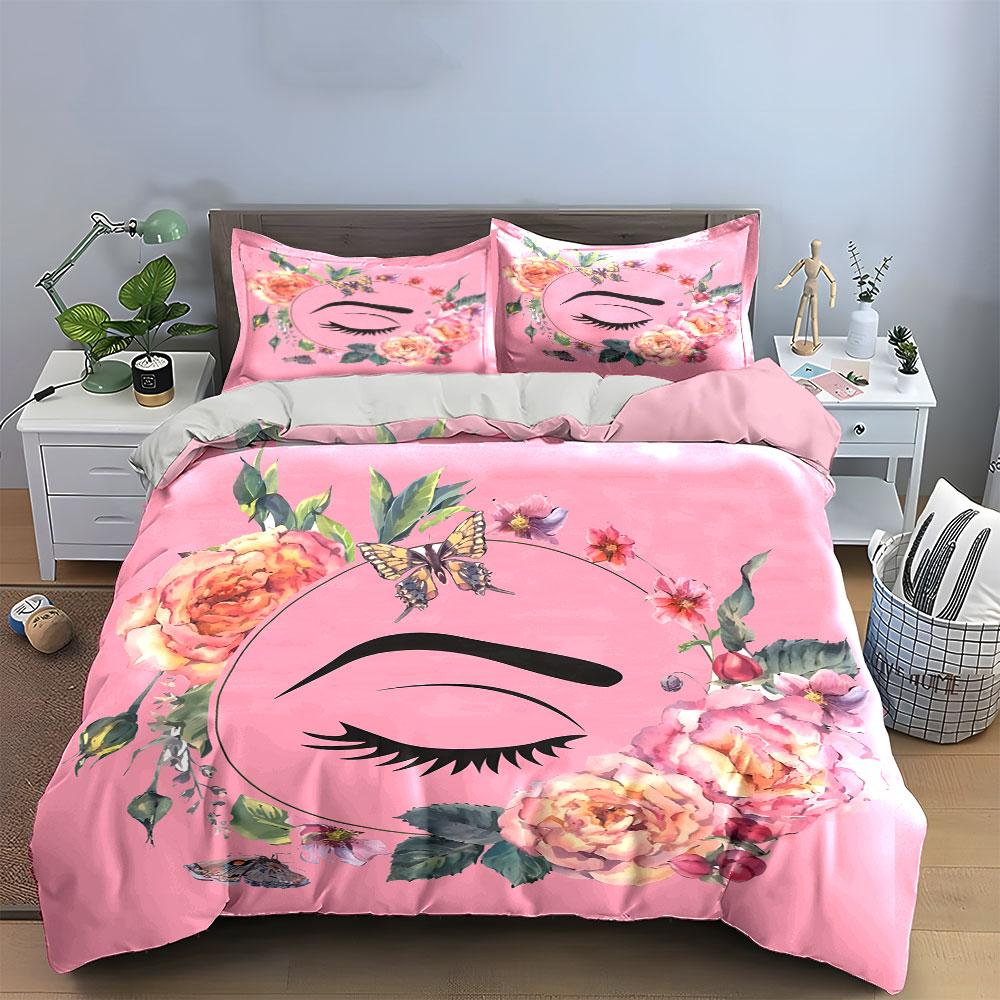 3Pcs Pink Floral Lash Makeup Wreath Bedding Set, Watercolor Rose Butterfly Print Duvet Cover 2 Pillowcases King Queen, Gift