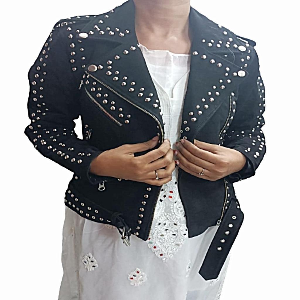 Women's BLACK Suede Leather Jacket,Silver Studded Fashion,Leather Jacket,BIKER Style Suede Jacket,For Girls,Party Wear Jacket,Special Gift For Her