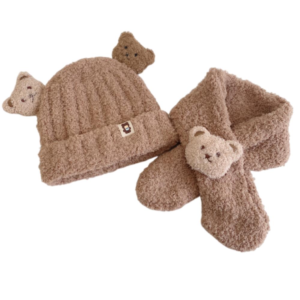 Korean Style Bear Scarf Hat Set Cute Kids Crochet Hat Children's Ear Protection Hat Outdoor