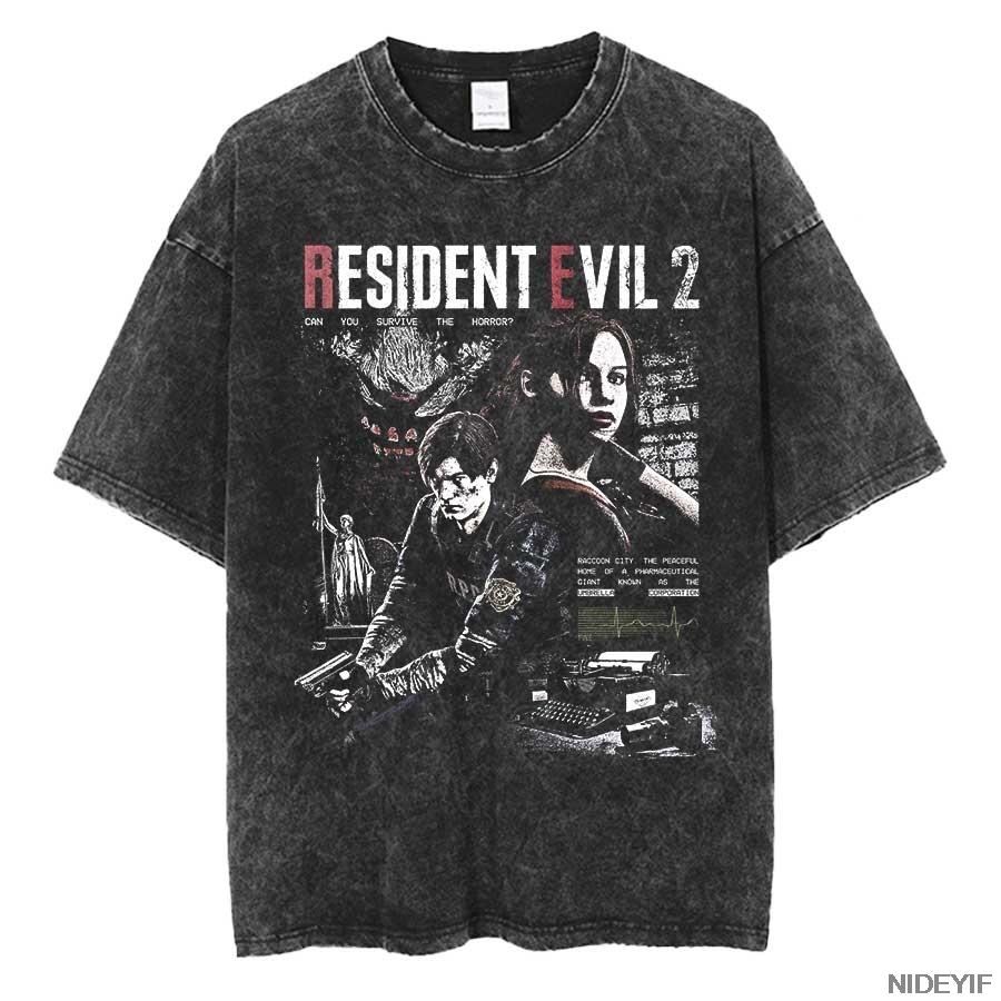 1990S Resident Evil Biohazard Leon Kennedy Oversized T shirt 100 Cotton Vintage Washed Tshirt for men women