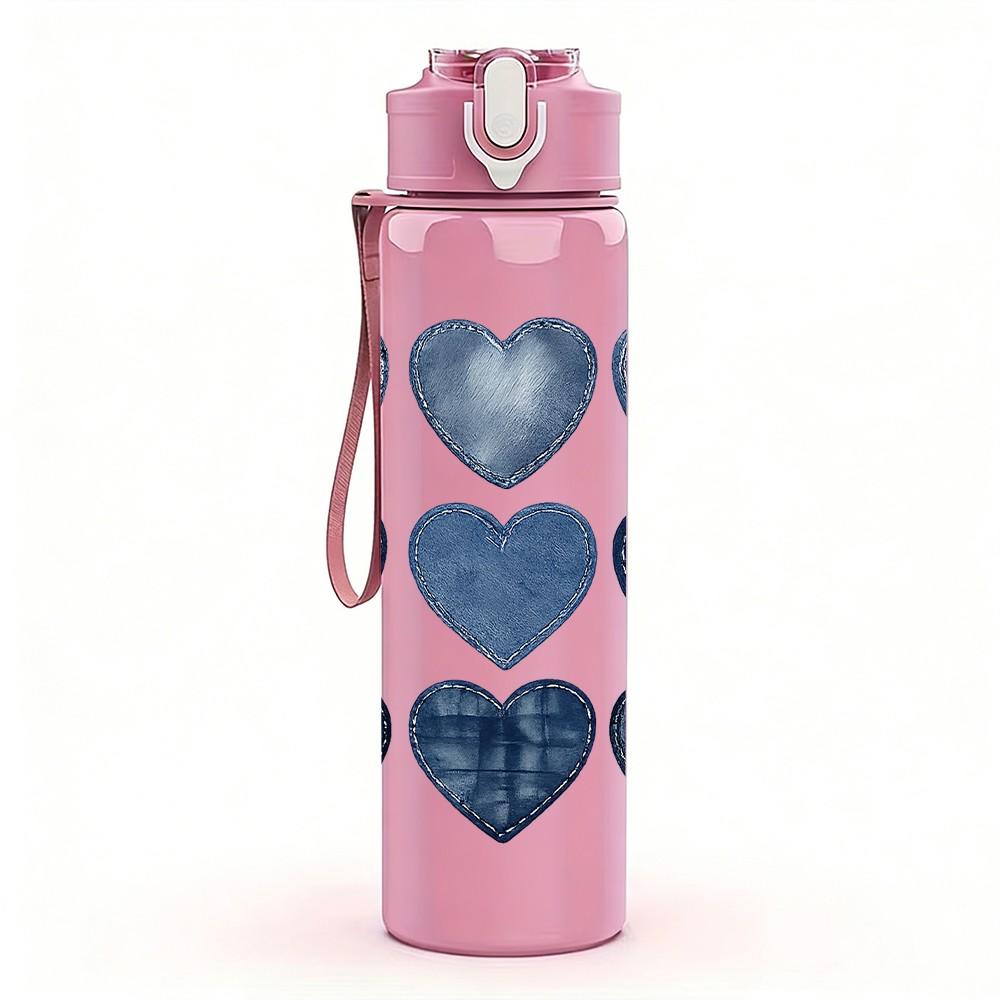 1PC Stacked Multi Shade Blue Heart Print 750ml Color Plastic Sports Water Bottle Leakproof Flip Straw Lid Suitable for Sports Office Home Use