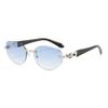 European and American frameless oval cat eye sunglasses women's square and round face thin fashion glasses gem-set diamond light luxury sunglasses