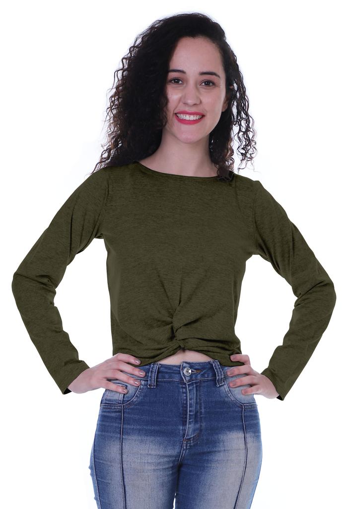 Moomaya Womens Full Sleeves Front Knot Crop Top Summer Tshirt Plain Tee Tops