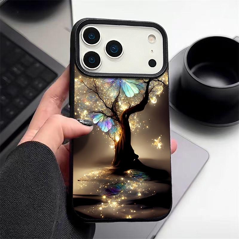 Для iPhone 17 Pro Max Чехол Роскошный Сияющий Фантастическое Дерево Узор Бабочки Кожаная Текстура Силиконовая Крышка Для iPhone 16 Pro Max 15 14 13 12 11 16E Air