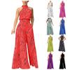 Women's Temperament Elegant Waist Drawstring Sleeveless Hanging Neck Trousers Printed Jumpsuit