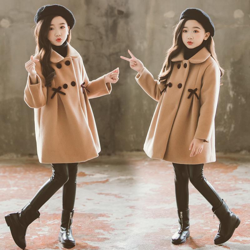 Girls Wool Coat Autumn Winter Korean Version Long Kids Jacket Double Breasted Children Outerwear Clothing