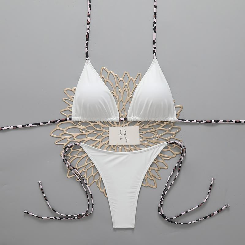 Сексуальный женский пляжный бикини с леопардовым принтом 2026 Купальник с завязками на шее Микро стринги Наборы бикини Женский купальник для ношения на пляже Купальный костюм
