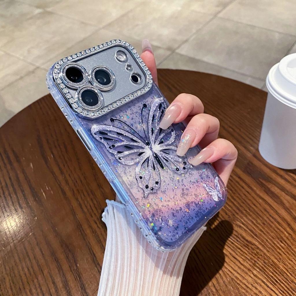 Women Girl's 3D Purple Butterfly Rhinestone Glitter Phone Case For iPhone 13 14 15 16 17 Pro Max Shockproof Protective Cover
