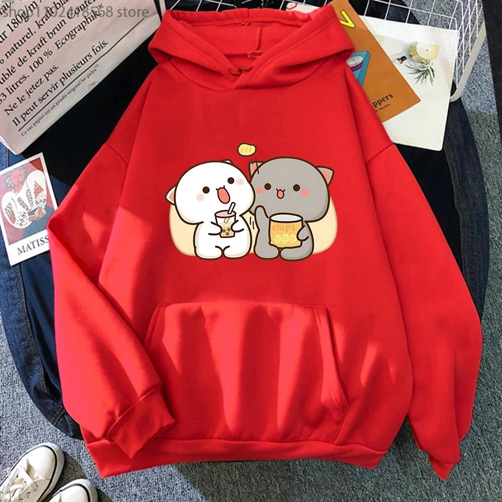 Худи Mochi Peach Cat Kawaii Одежда Графические толстовки с Bubble Tea Харадзюку Повседневные Футболки Женские Топы