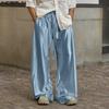 Men's Elastic Waist Smooth Shiny Long Wide Legs Pants Trousers and White Semi-Sheer