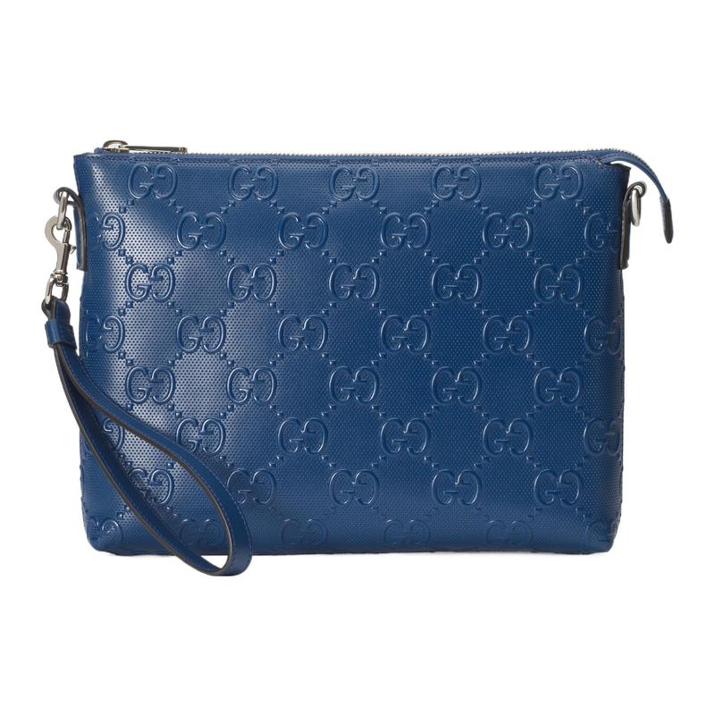 Gucci GG printed embossed zipper closure leather messenger bag clutch medium size men's blue