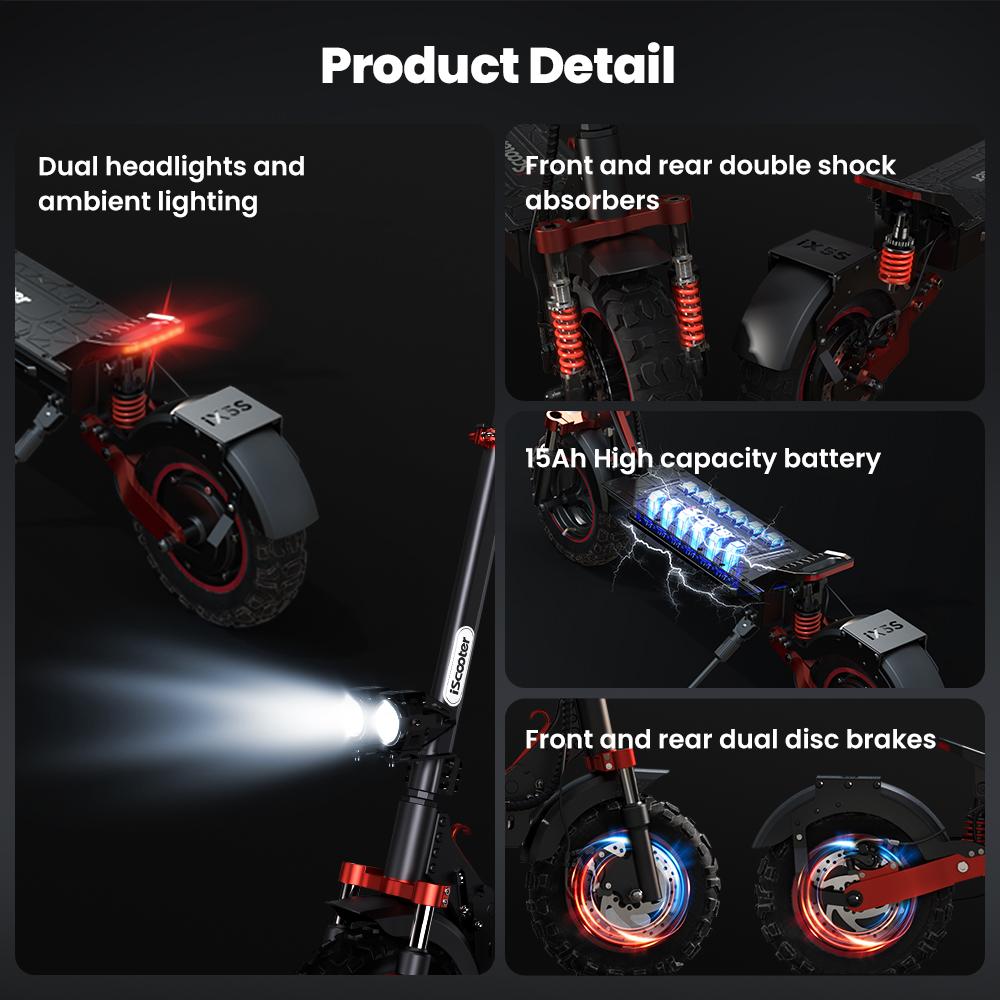 iScooter iX5S Electric Scooter 1000W 15Ah 11'' Off-Road Pneumatic Tires speed 25KM/H 60-65KM Range Adult Electric Scooters
