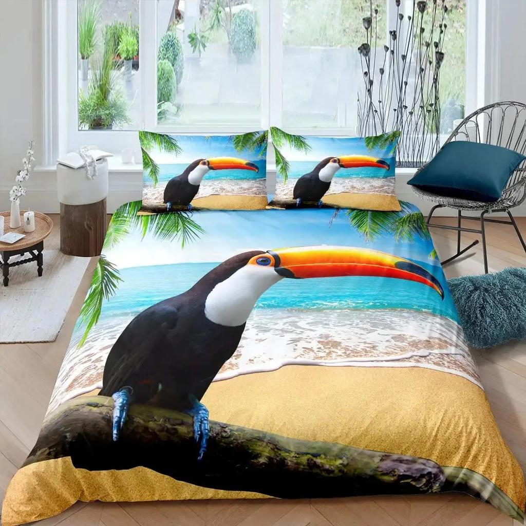 3D Toucan Duvet Cover Set Safari Animals Bedding Sets Tropical Jungle Birds Comforter Cover,Boys Girls Fresh Nature Quilt Cover