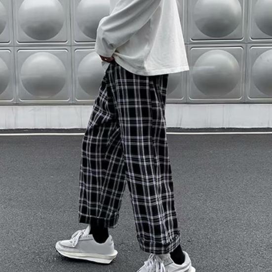 Мужские брюки в клетку Streetwear Широкие с эластичной талией Свободные Спортивные брюки для осени