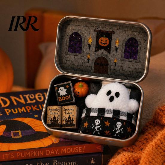 Halloween Gift Box Mini Tin Gift, Plush Ghost with Haunted House Kids Scene, Collectible Micro Theater for Kids, Party Favor Pumpkin Bedding Decor