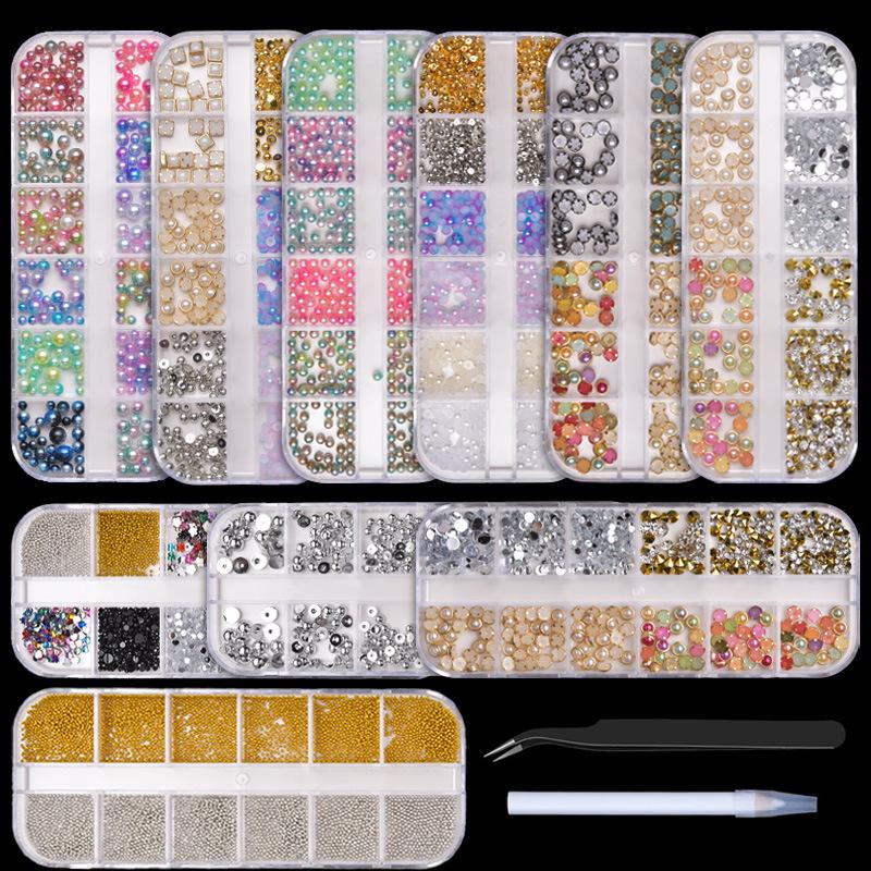Цветные жемчужные украшения для нейл-арта, 12 ячеек: Жемчуг разного размера, круглый, полукруглый, с плоской задней стороной для DIY.