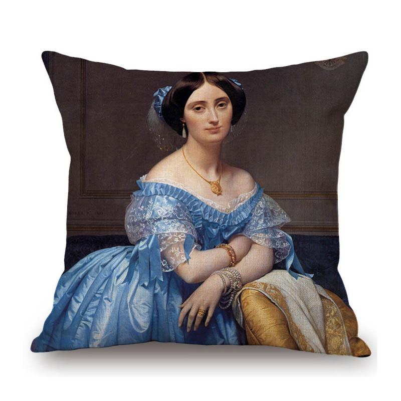 Neoclassical World Famous Oil Painting Jean Ingres Nepoleon The Source La Grande Odalisque Sofa Pillow Case Linen Cushion Cover