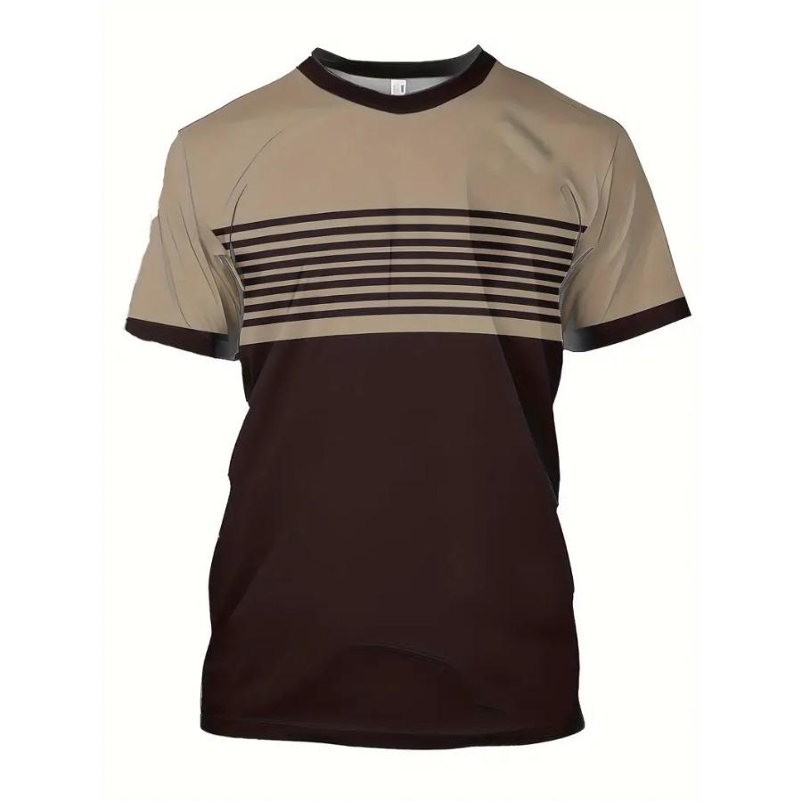 Мужская дышащая летняя футболка — повседневный полосатый 3D-принт, круглый вырез, короткий рукав, сетчатая ткань для комфорта и стиля