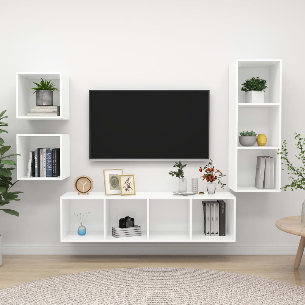 4 piece TV cabinet set white particleboard
