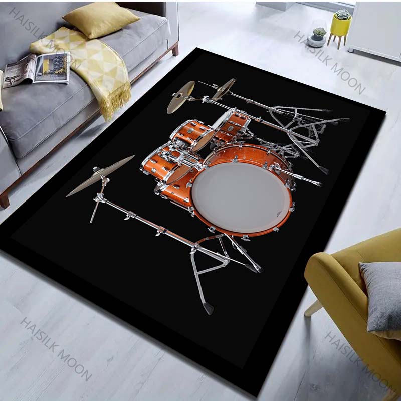 Cool Golden Drum Set Print Carpet for Living Room Bedroom Bedside Sofa Table Floor Mat Home Area Rug Decor Large Size MusicLover