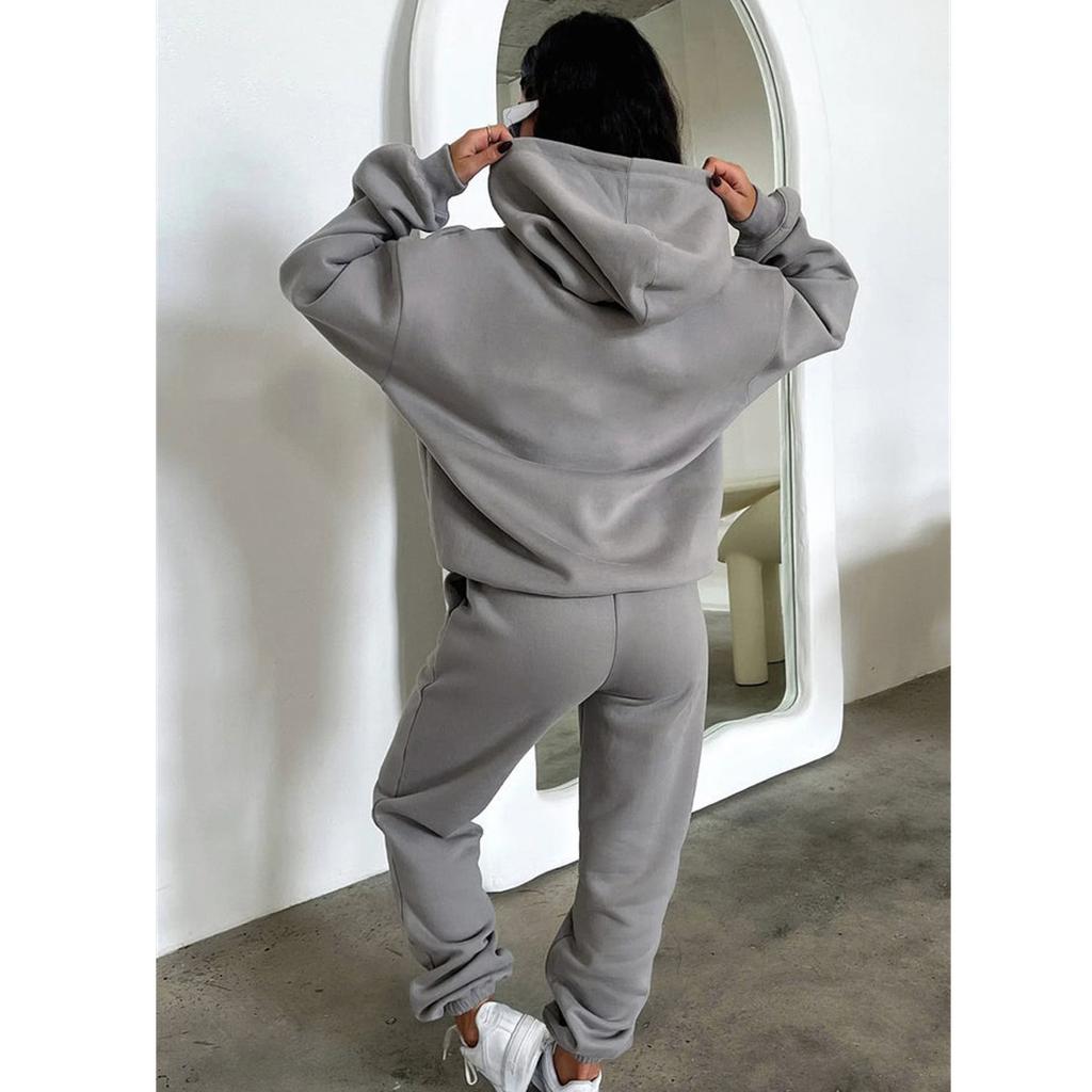 Женский однотонный комплект осенне-зимнего флисового свитшота с длинными рукавами и капюшоном, модный повседневный толстовка, брючный костюм